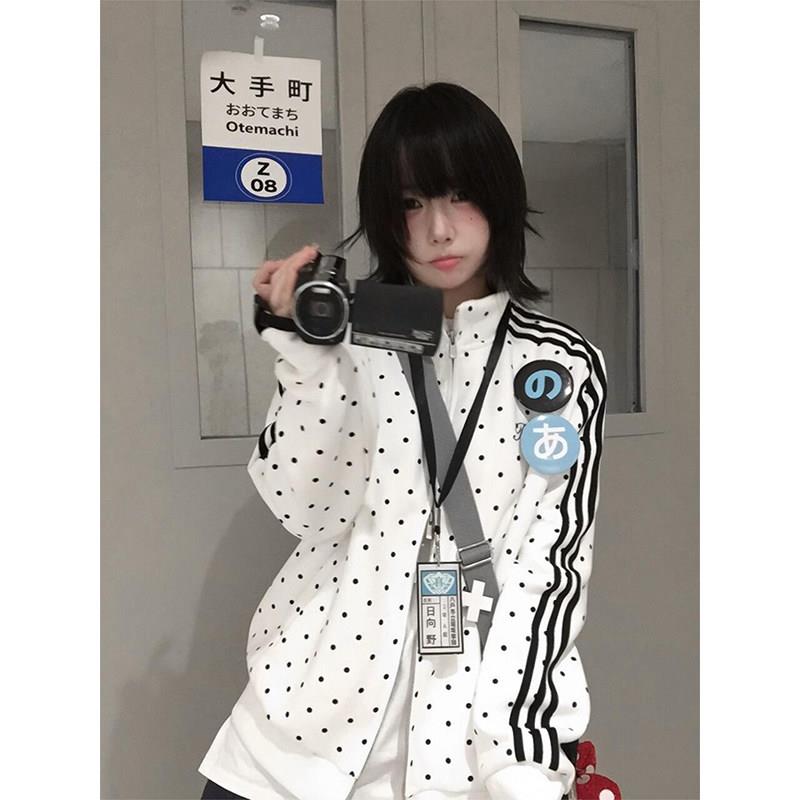 日系运动风波点立领外套女春秋2026新款侧边条纹拉炼开衫加绒卫衣