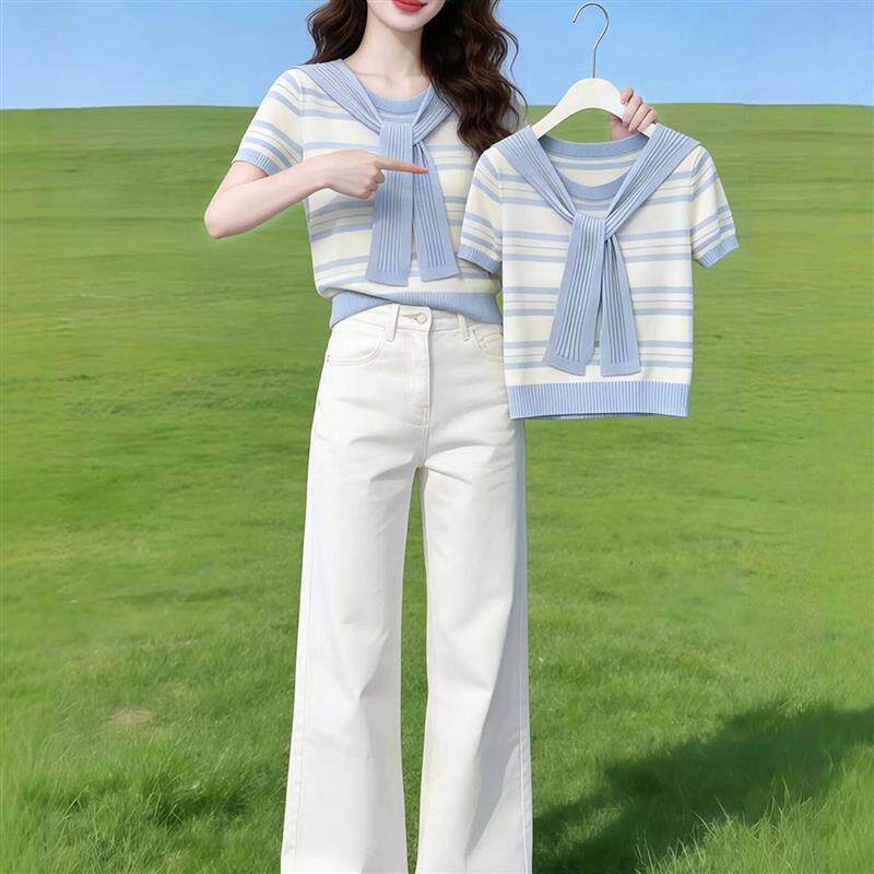 蓝色条纹披肩修身显瘦短袖T恤女2026夏季绝美巨好看韩系chic上衣