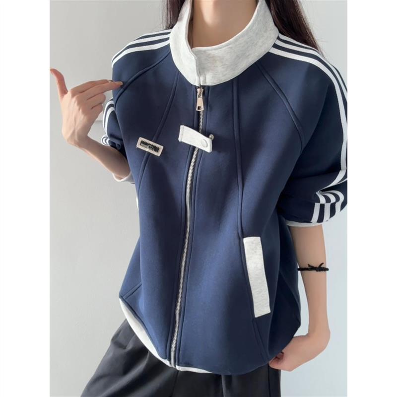 美式条纹休闲上衣外套男女春季高街痞帅撞色拼接棒球服学院风立领