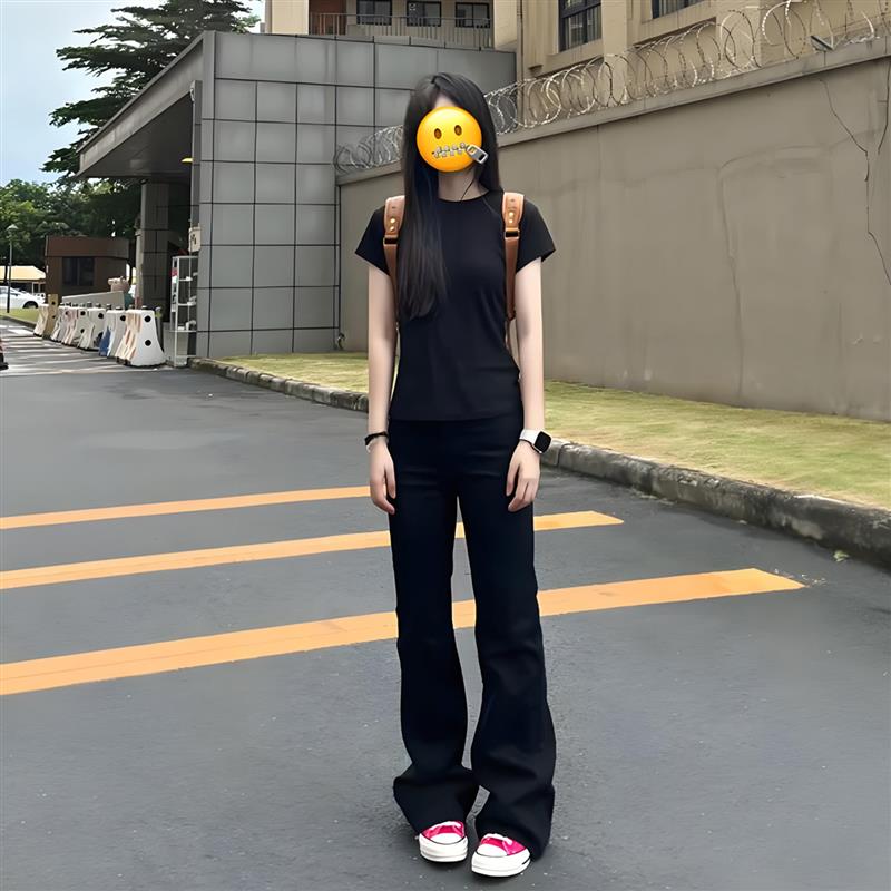 cra黑色微喇牛仔裤女夏季高腰cleanfit显瘦裤子vibe窄版直筒长裤