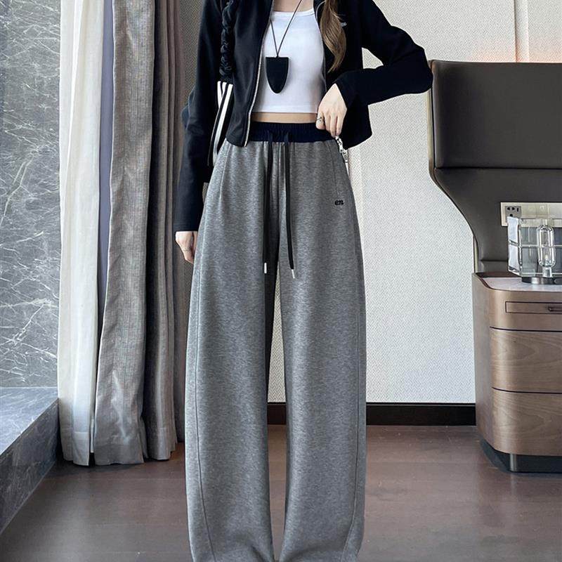 纯棉弯刀阔腿裤女卫裤高腰撞色窄版直筒裤秋冬新款宽松运动休闲裤