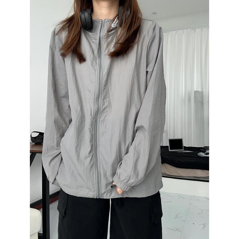 灰色冰丝防晒衣外套男女夏季轻薄款冲锋衣情侣cleanfit连帽防晒服