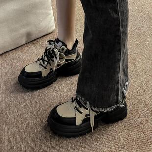 运动鞋女美式厚底鞋子复古2023爆款秋冬松糕增高高帮鞋休闲老爹鞋