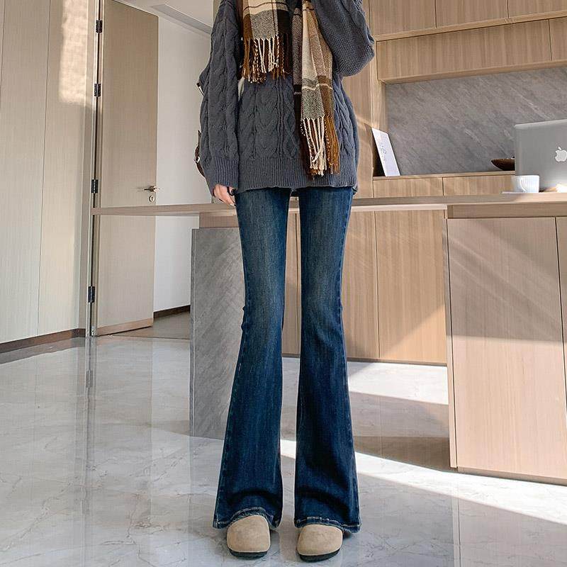 蓝色高腰弹力微喇牛仔裤女2025年春秋新款修身小个子马蹄喇叭裤子