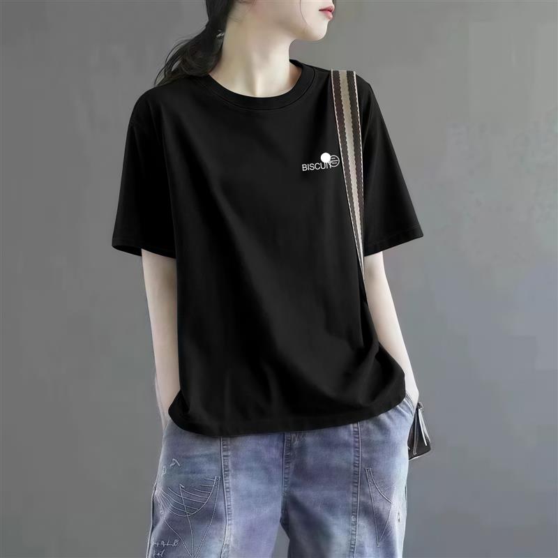 欧货正肩圆领2026新款纯棉短袖t恤女黑色宽松显瘦遮肚子减龄上衣