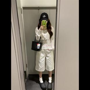 美式 覆古白色七分直筒牛仔裤 女夏季 高街设计感宽松显瘦阔腿五分裤