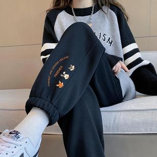 百搭通勤束脚休闲裤 卡通印花加绒运动裤 小个子 女秋冬新款 黑色卫裤