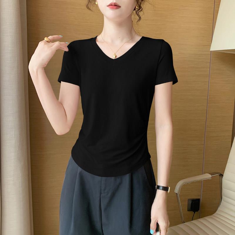 黑色莫代尔V领短袖T恤女夏2026新款冰丝薄款修身显瘦半袖小衫上衣