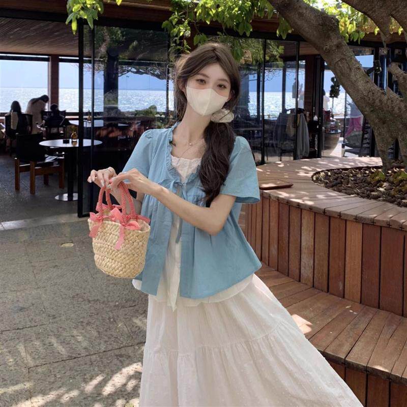 法式白领独特漂亮薄荷绿上衣假两件短袖衬衫设计感多巴胺娃娃衫