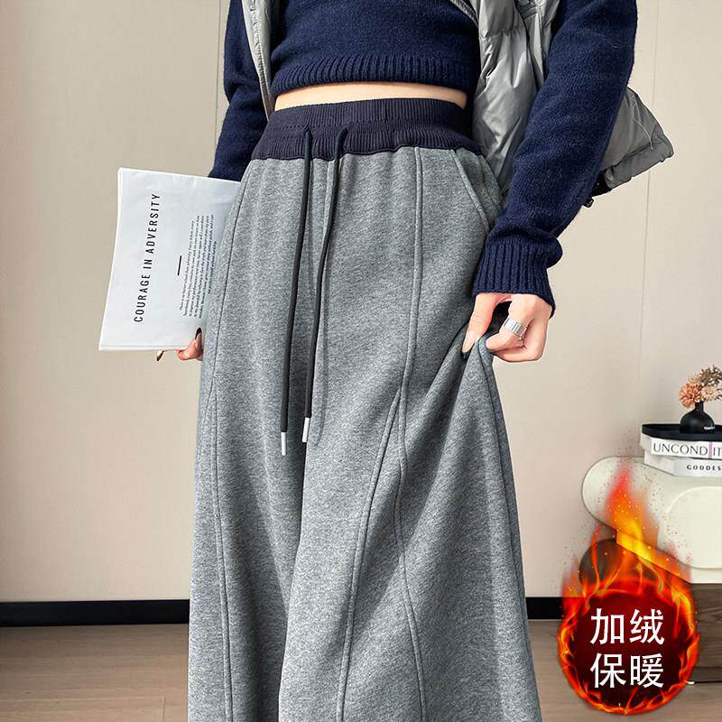 美式潮流灰色弯刀裤子女秋冬加绒加厚运动梧桐卫裤宽松阔腿香蕉裤