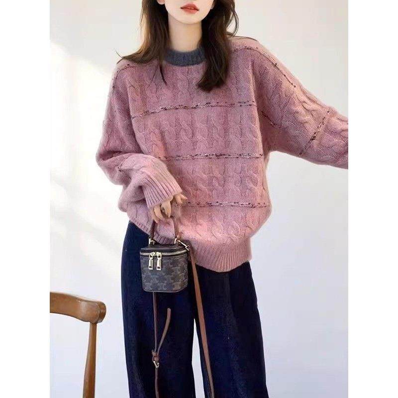 大码女装慵懒风拼色领子针织衫毛衣女秋冬新款胖妹妹显瘦宽松上衣,女装/女士精品,大码内搭,淘宝优惠券,粉丝福利购,淘宝优惠卷