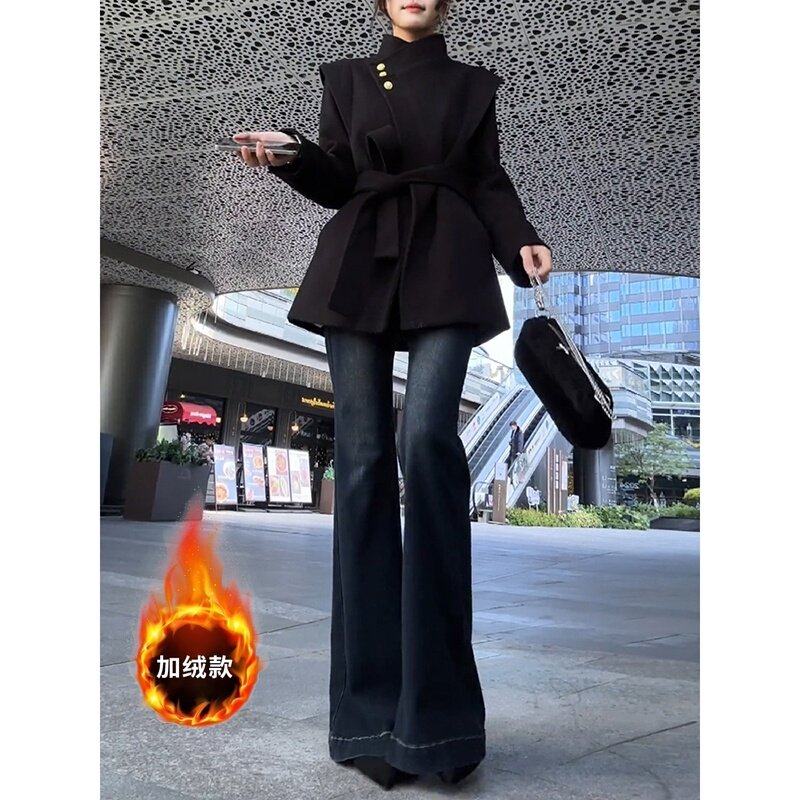 美式加绒微喇牛仔裤女秋冬季2025新款加厚修身显瘦拖地喇叭长裤子