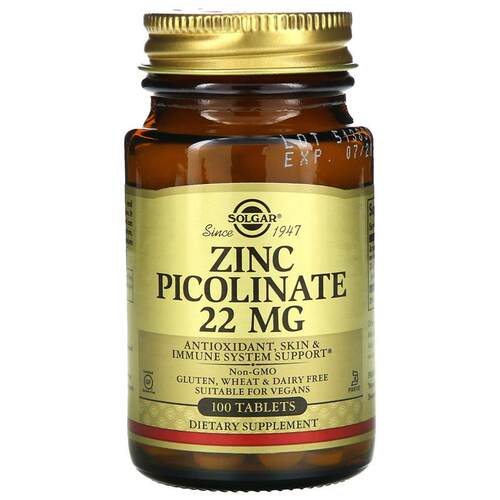美国 Solgar zinc picolinate 22mg 吡啶甲酸锌100片 补锌 无麸质