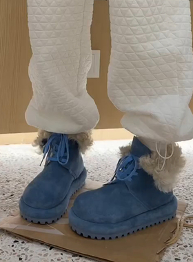 磨砂皮系带蓝色雪地靴女2025年冬季小个子多巴胺厚底加绒保暖短靴