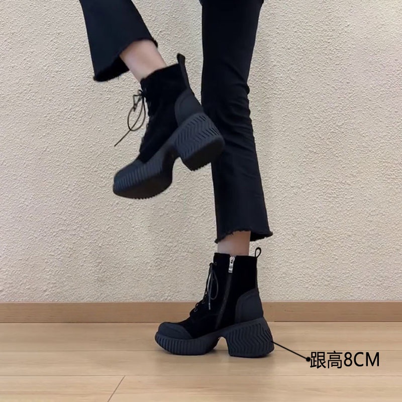 复古侧拉链百搭显瘦粗跟短筒靴