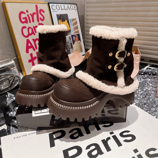 厚底冬季 加绒外穿毛毛棉靴女复古风磨砂皮短筒靴百搭保暖雪地靴子