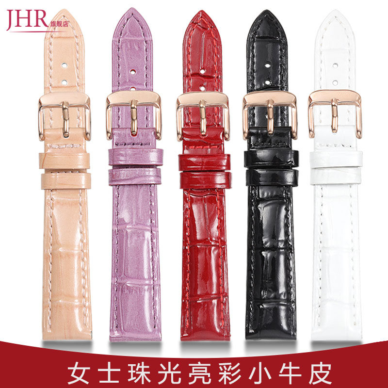 亮光红色真皮手表带女适配天梭飞亚达天王罗西尼阿玛尼依波浪琴dw