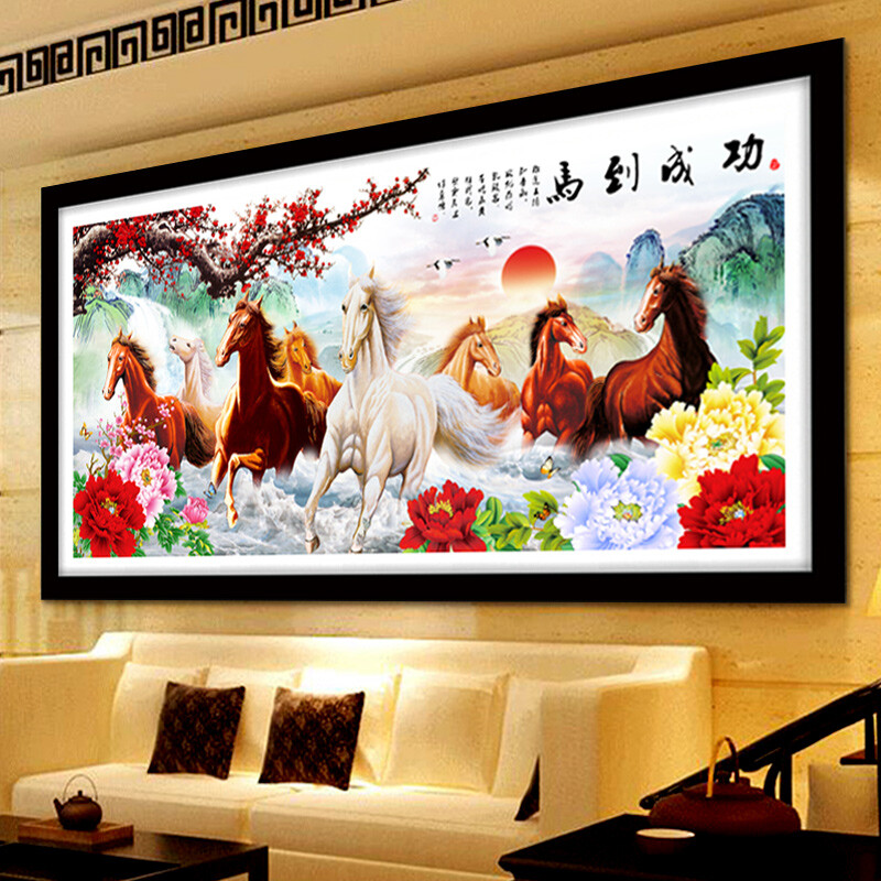 新品纯手工十字绣成品马到成功江山如画八骏图客厅大幅山水风景画