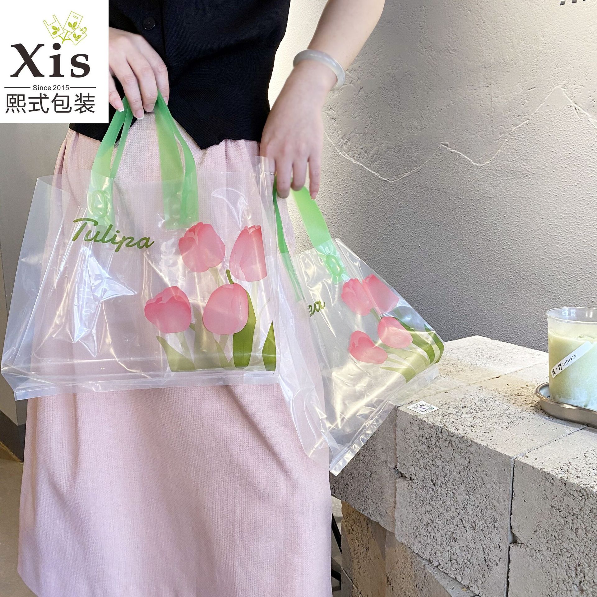 小清新透明郁金香塑料手提袋商场购物袋男女服装袋化妆品打包袋子