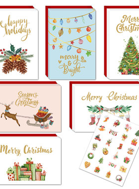 圣诞节卡片烫金带红色信封贴纸组合套装欧美祝福留言圣诞贺卡