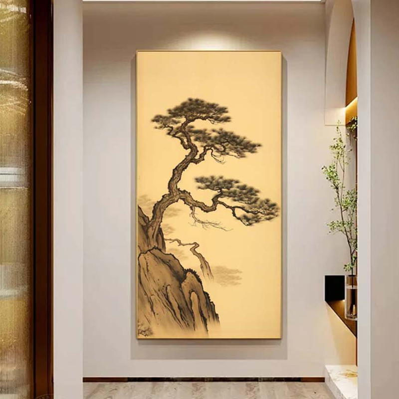 新中式竖款走廊过道玄关松树禅意装饰画侘寂茶室挂画复古民宿壁画图片