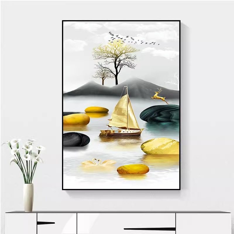 入户玄关装饰画竖版入门入室走廊过道壁画招财麋鹿玄幻挂画晶瓷画