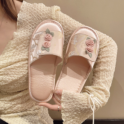 新中式贵妇居家玫瑰花拖鞋室内夏