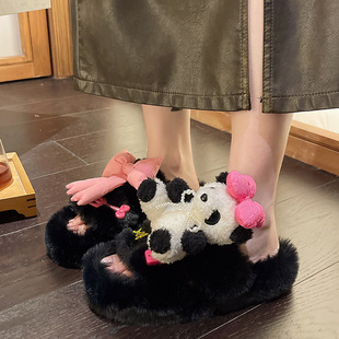 熊猫大码毛毛拖鞋女冬季外穿2024年新款平底可爱棉拖室内毛茸茸