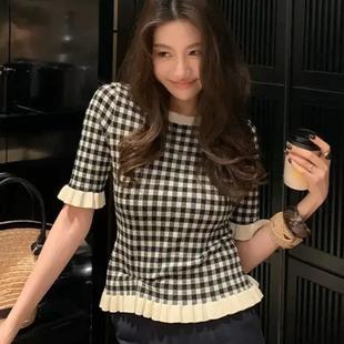 减龄气质时尚 香港欧货木耳边黑白格子T恤女2025夏季 小香风上衣女