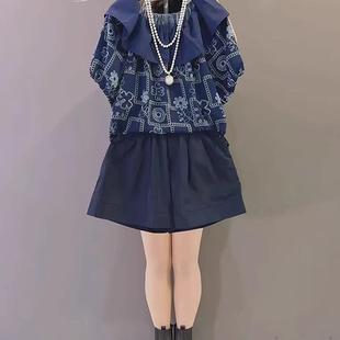 胖MM短裤 上衣休闲甜美印花小衫 大荷叶领套头衬衫 套装 大码 夏季 时尚