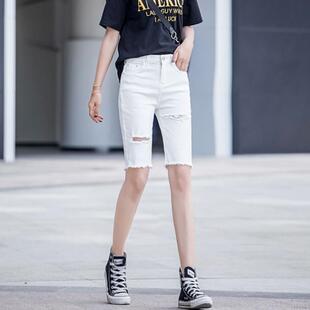 女夏季 弹力直筒中裤 韩国白色破洞五分牛仔裤 薄款 子 高腰短裤 骑行裤