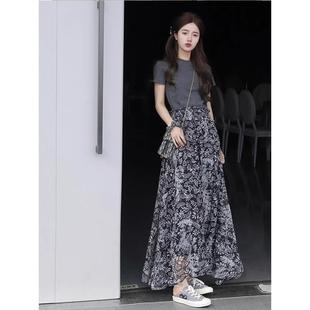 欧洲站2025新款 女 夏装 搭配一整套显瘦灰色上衣碎花半身裙两件套装