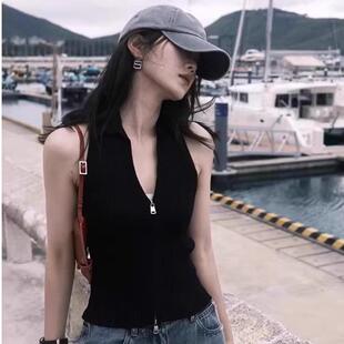 黑色針織掛脖吊帶背心女夏外穿辣妹V領(lǐng)性感露背甜酷打底無(wú)袖 上衣