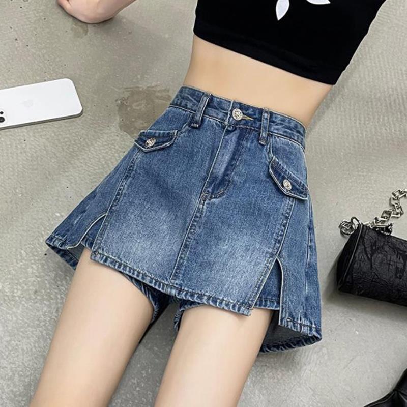 韩国开叉牛仔短裤女裤裙夏季2025新款高腰小个子a字阔腿裤子潮ins
