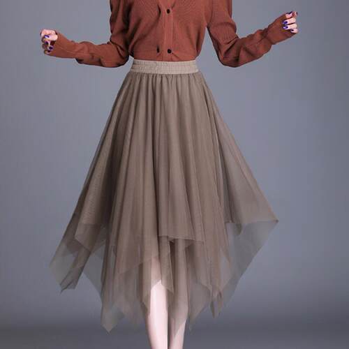 超火小个子纱裙春秋新款高腰a字半身裙女秋季不规则中长款网纱裙