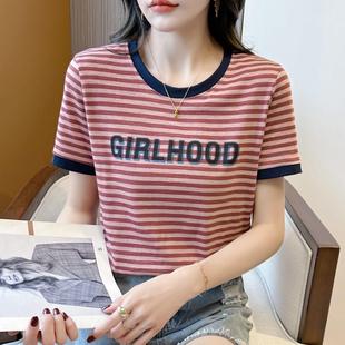 t恤女夏季 潮牌纯棉正肩短袖 宽松显瘦洋气百搭横条纹体恤印花上衣