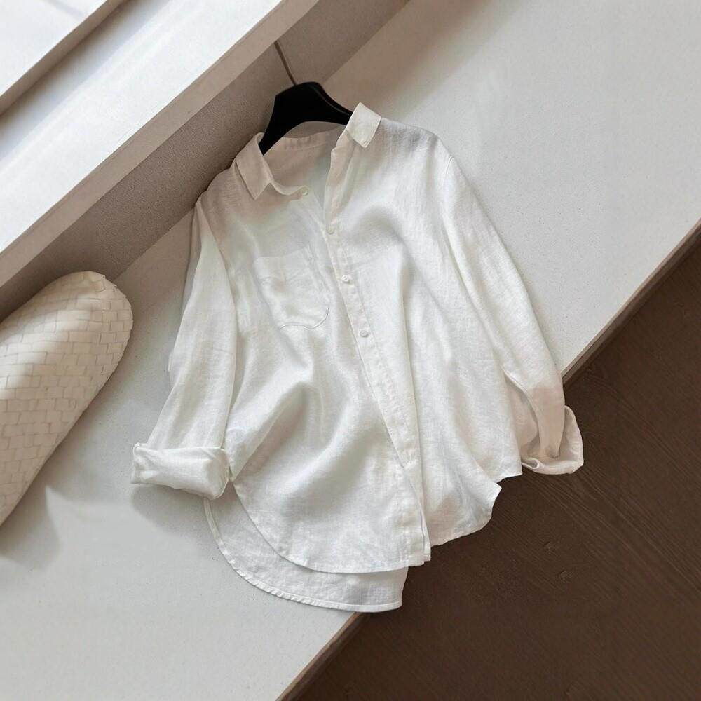 日系老钱风白色亚麻长袖防晒衬衫女夏季薄款外搭衬衣棉麻翻领上衣