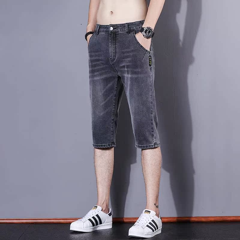 香港高端七分牛仔短裤男士夏季薄款韩版休闲弹力潮牌宽松7分马裤