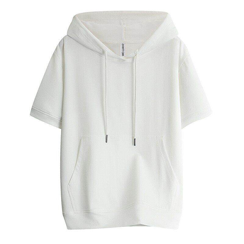 潮牌纯棉连帽卫衣女2025夏季宽松韩版纯白色短袖T恤休闲体恤上衣
