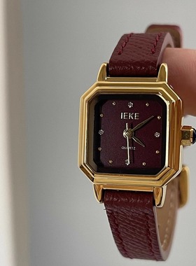 IEKE 安可拉红方形镶钻小表盘手表女小众复古文艺小巧精致石英表