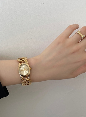 vintange 金色手链女时尚轻奢ins小众复古椭圆形表盘休闲女表