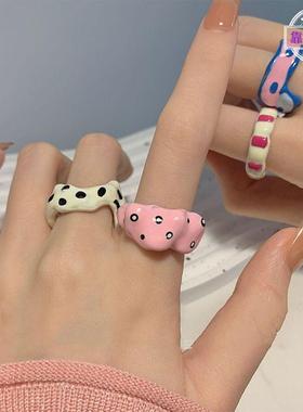 粉白色少女心彩色不规则食指戒指女时尚开口波点小众指环甜酷