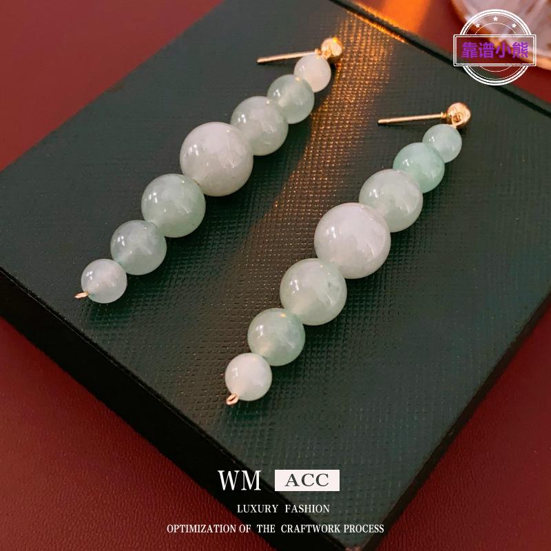 银针串珠绿东陵石耳钉新中式国潮