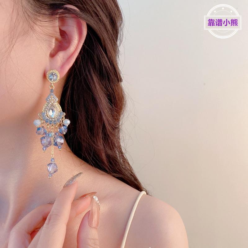 蓝色水晶花朵流苏耳环女设计感