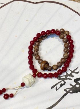 新中式情侣款醒狮木玻璃珠双圈小众高级时尚手串新款