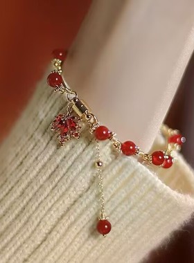 新年礼物红色串珠磁扣手镯女生小众设计本命年手链中式女