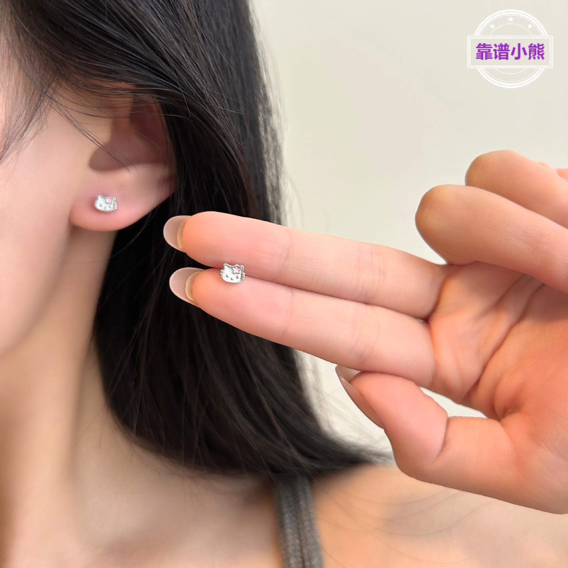 足银猫咪螺丝耳钉女童可爱甜美