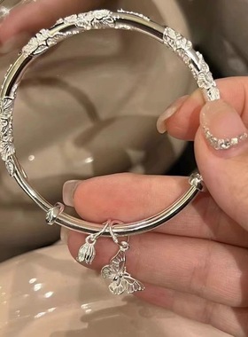 繁花似锦足银小兔子手镯女999纯银kitty猫蝴蝶开口银镯子小众手环