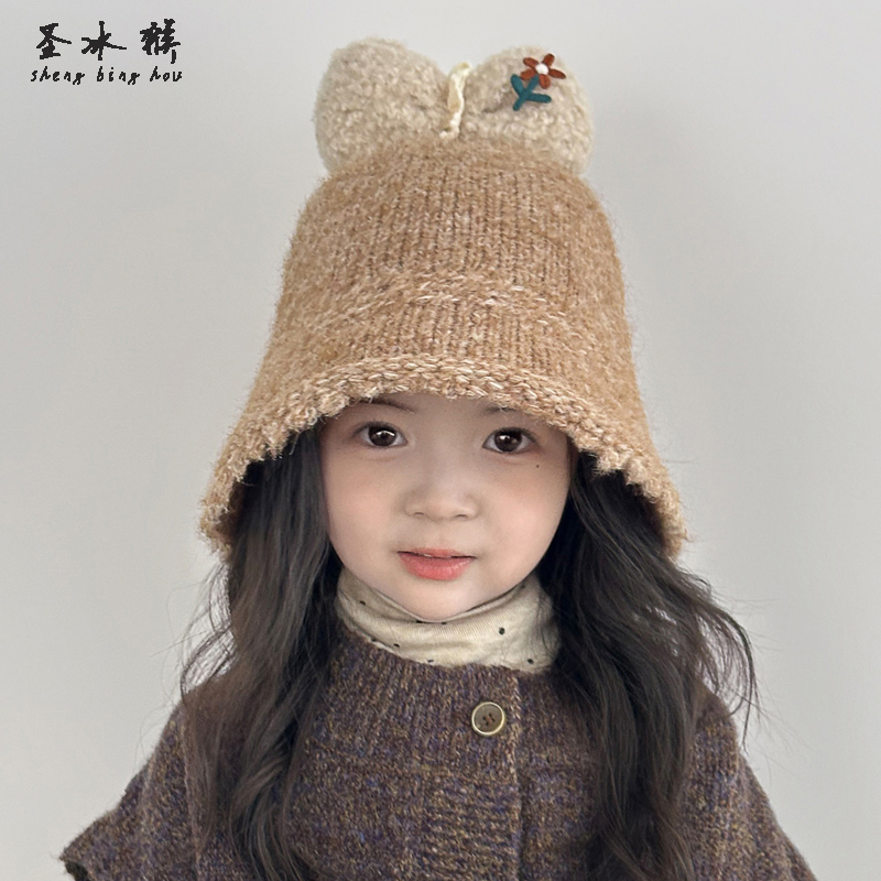 女童秋冬季针织毛线渔夫帽户外百搭甜美蝴蝶结套头防风盆帽洋气潮