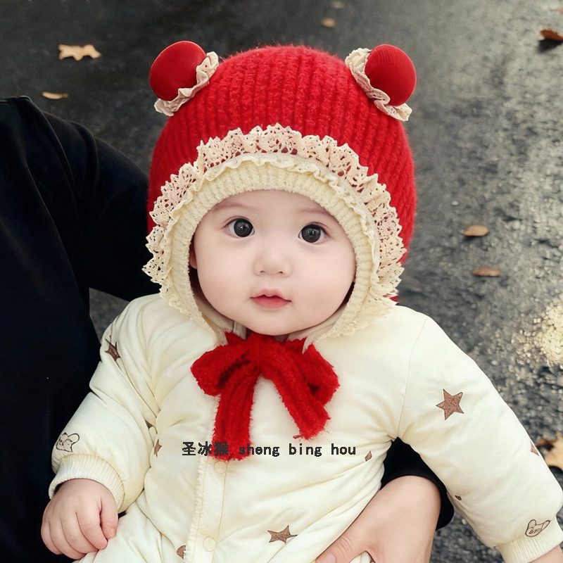 秋冬季婴幼儿护耳帽子可爱红色超萌加厚针织毛线帽男女宝宝新年帽